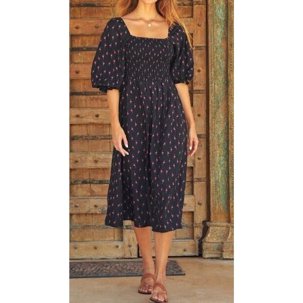 A5 NEW ASPIGA Nancy Navy/Pink Giraffe Print Puff Sleeve Square Neck Dress Sz XS